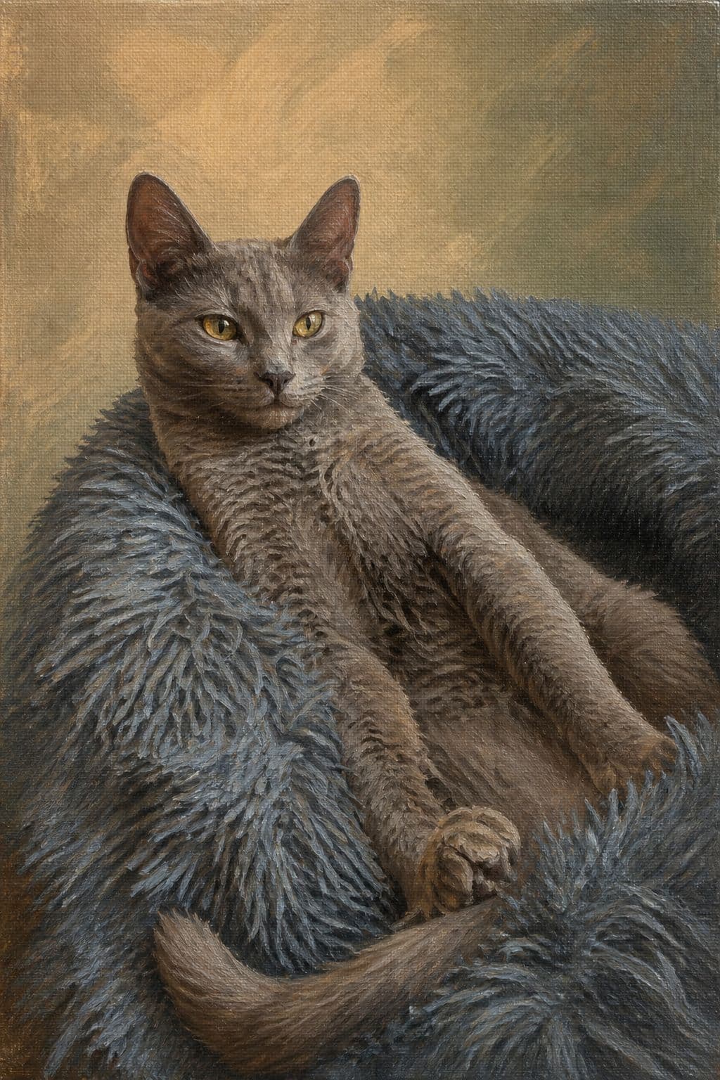 Digital preview of Cobble lounging in the fluffy bed, painted in a classic oil style