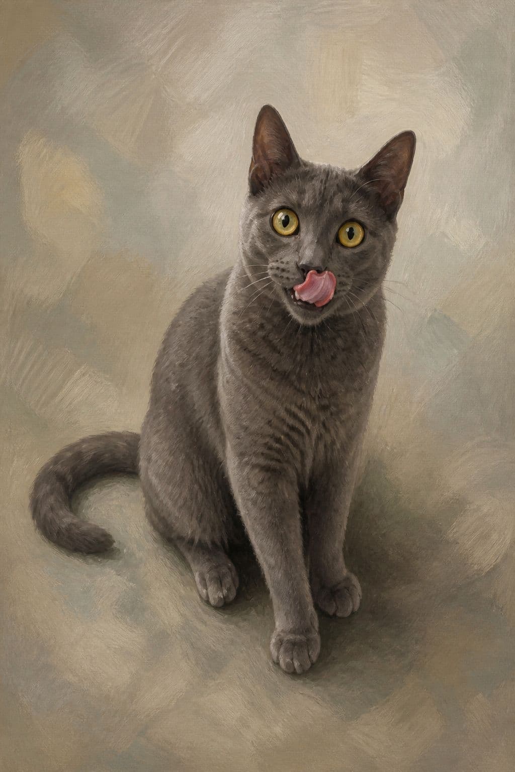 Digital preview of Cobble sitting with tongue out, against a soft painted backdrop